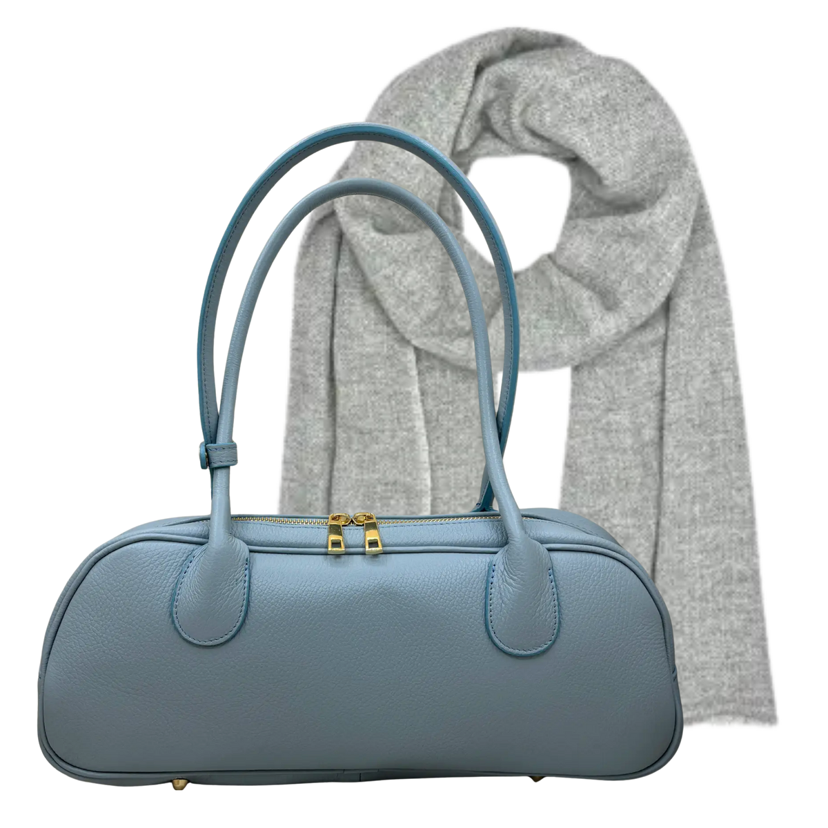 The Winter Blue: Neptune blue leather east-west shoulder bag with a gray herringbone cashmere scarf