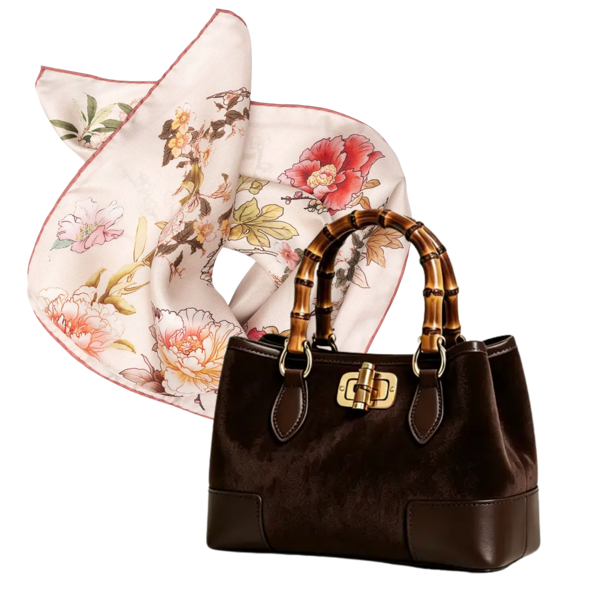 THE GIARDINO D'AUTUNNO | Woman Suede Bamboo Bag & Silk Square Scarf Pairing