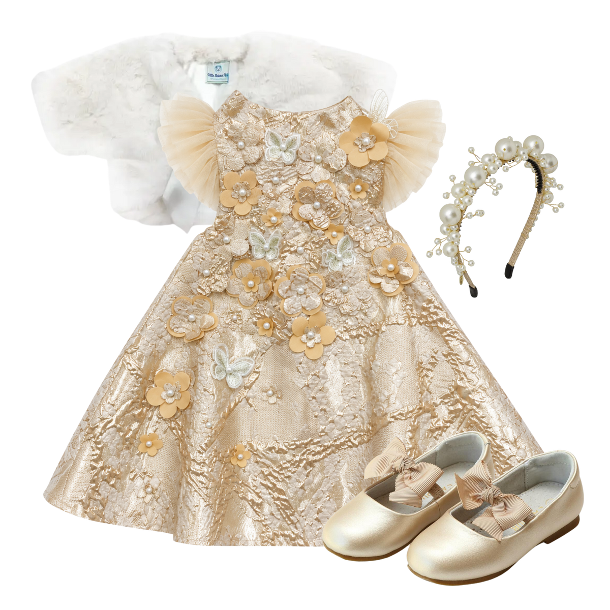The Gilded Petal girls' gold jacquard 3-D floral and butterfly dress ensemble with a white faux fur bolero, ivory pearl headband, white tights, and champagne bow flats
