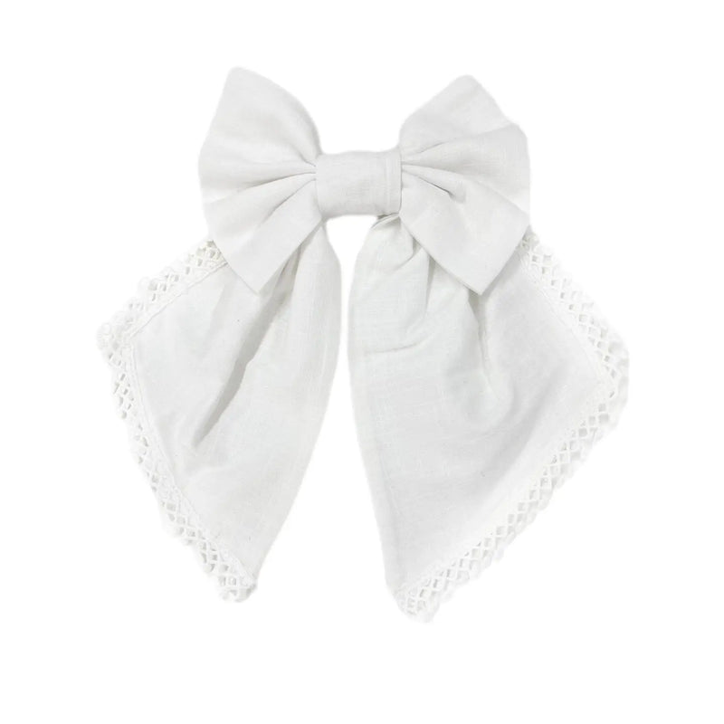 White Hair Bow with Lace Trim