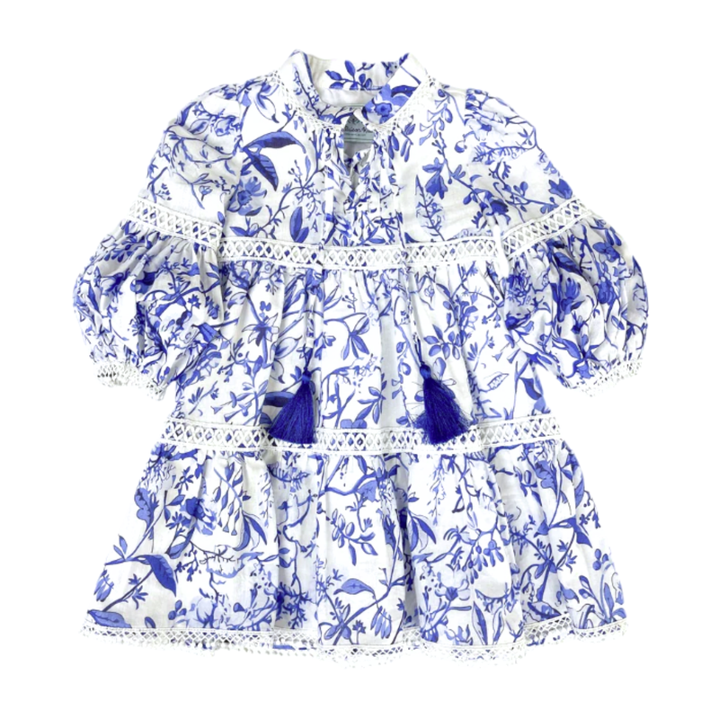 Blue Botanical Toile Cotton-Linen Dress