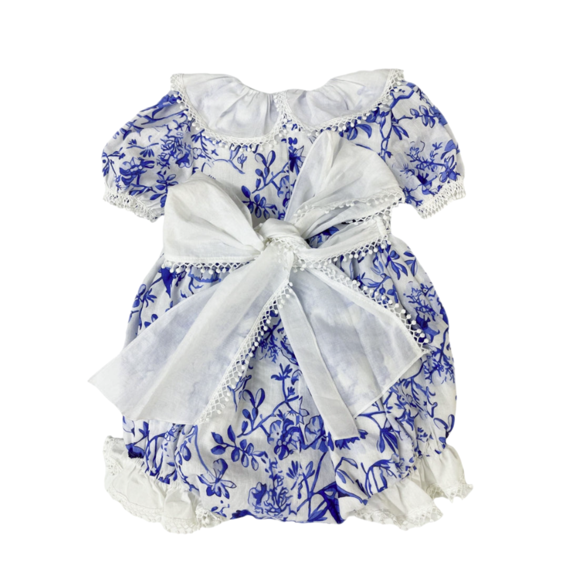 Back of the blue and white floral dress with a large bow on a white background