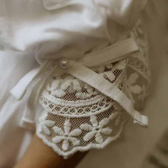 Close-up of a lace detail on a garment with a blurred background