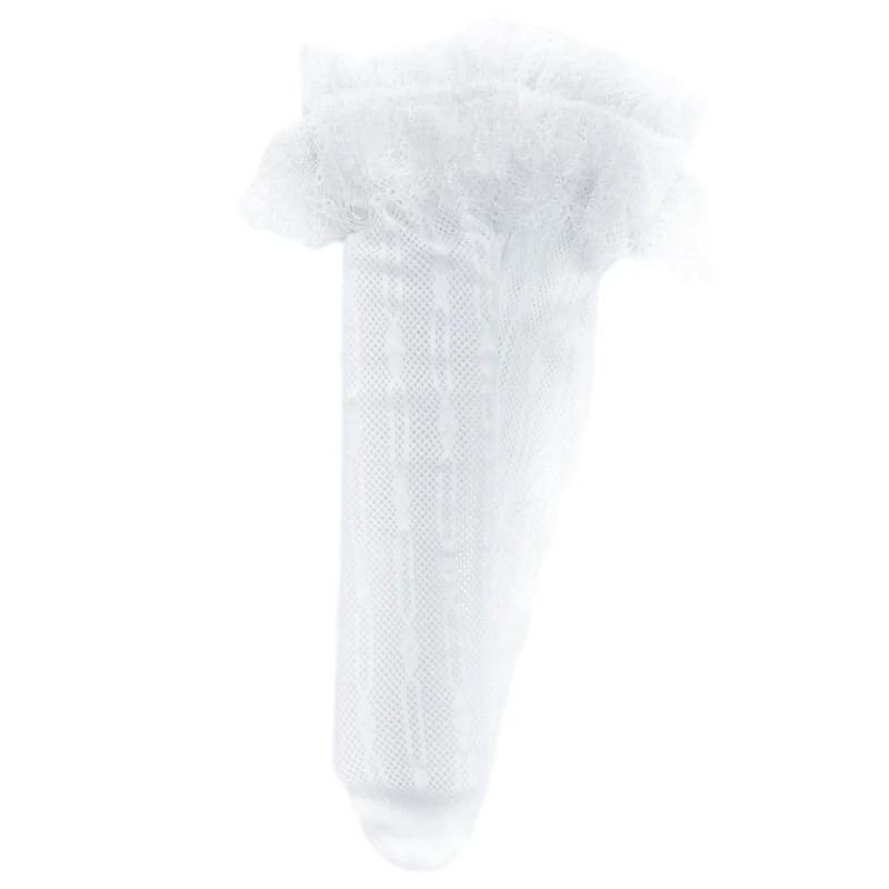 White Diamond Pattern Ruffled Cuff Full Lace Socks