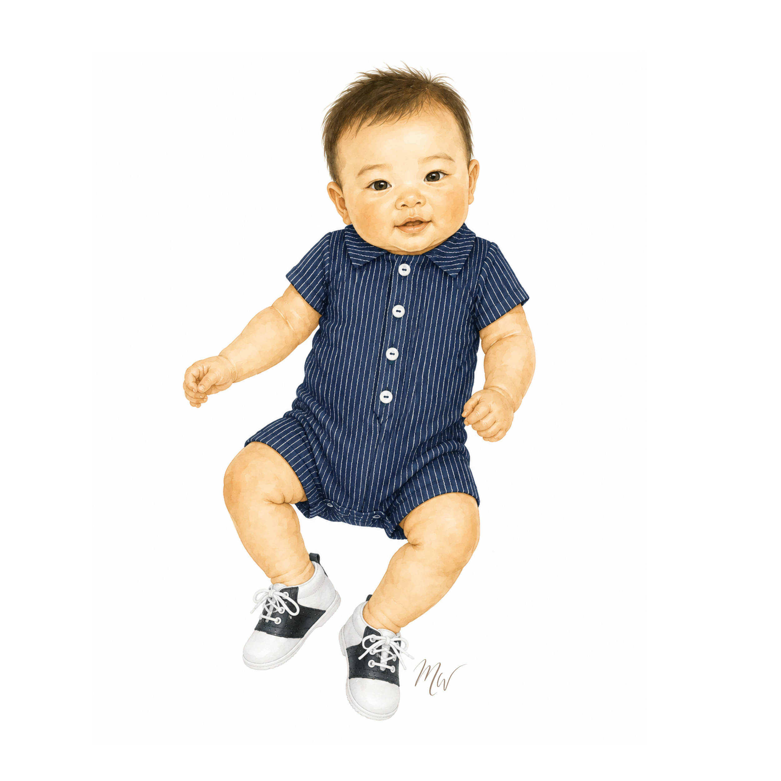 A baby wearing a navy blue and white vertically striped short-sleeve romper with white buttons, paired with navy and white sneakers, captured mid-jump against a solid white background.