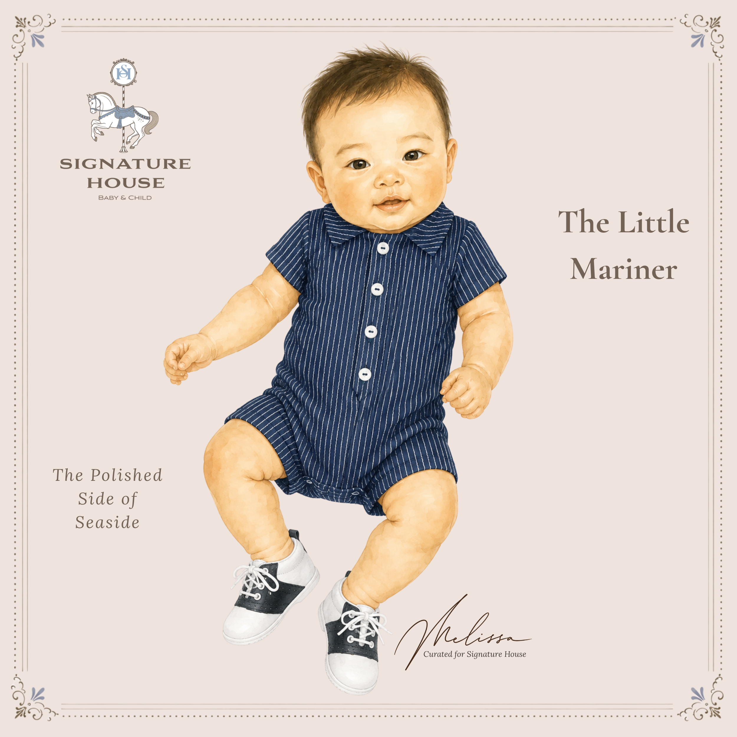 A baby wearing a navy blue and white pinstriped short-sleeve romper with white buttons, styled as 'The Little Mariner' by Signature House. The baby is shown floating against a light beige background with brand logos and decorative borders.