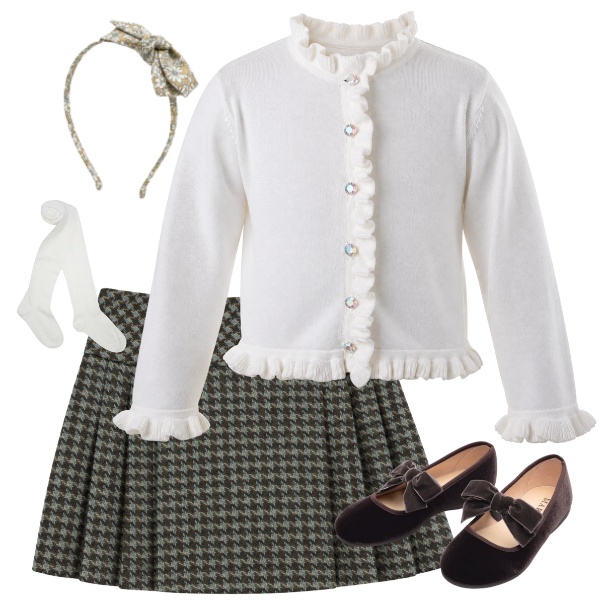 THE LUCIA | Girl Ivory Cardigan & Houndstooth Skirt Ensemble