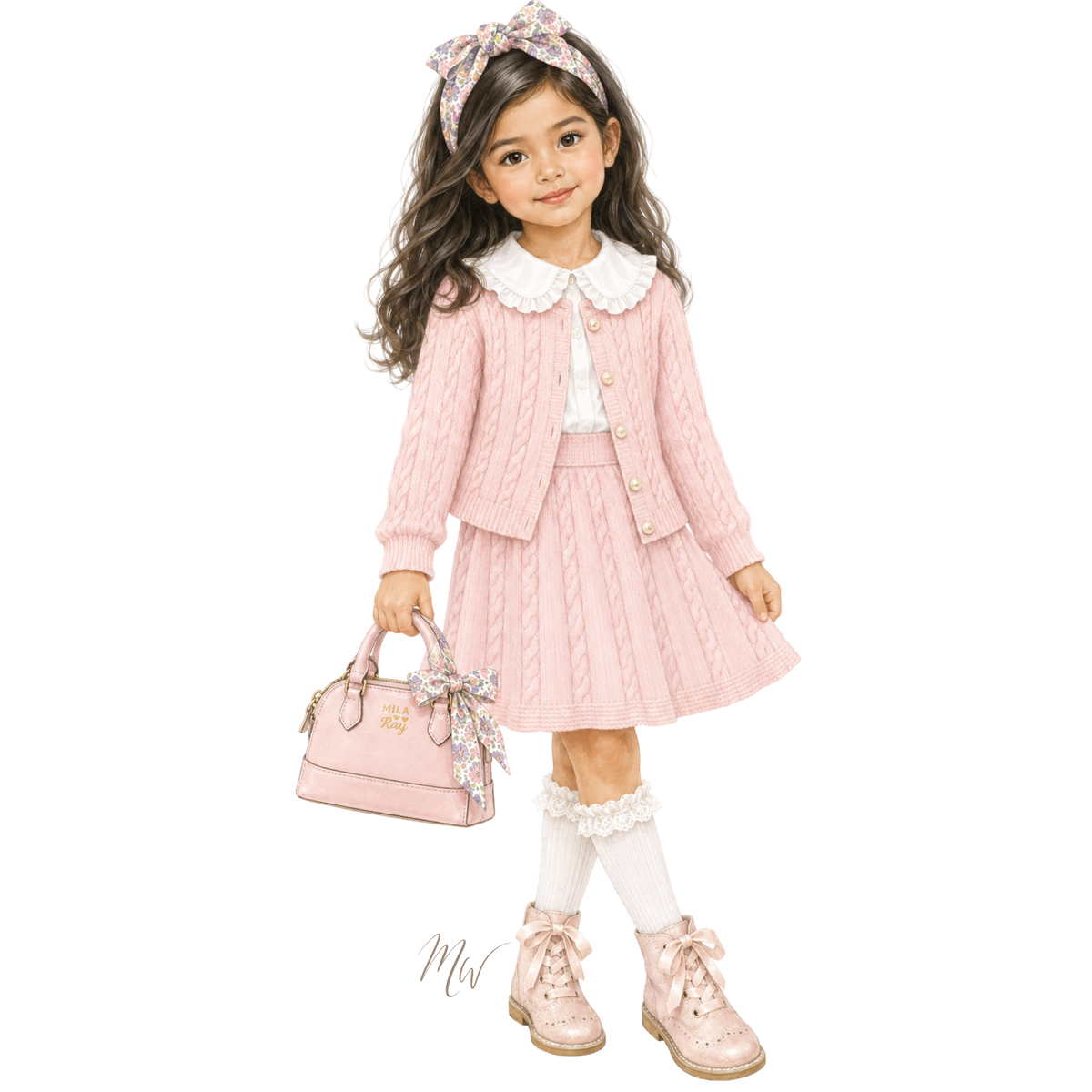 THE MARGOT | Girl Pink Cable Knit Cardigan & Skirt Ensemble