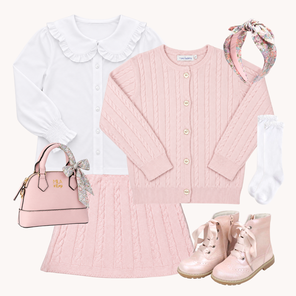 THE MARGOT | Girl Pink Cable Knit Cardigan & Skirt Ensemble