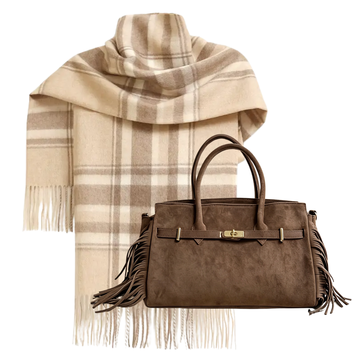 THE BALMORAL | Woman Oatmeal Plaid Cashmere Wrap & Fringe Suede Bag Pairing