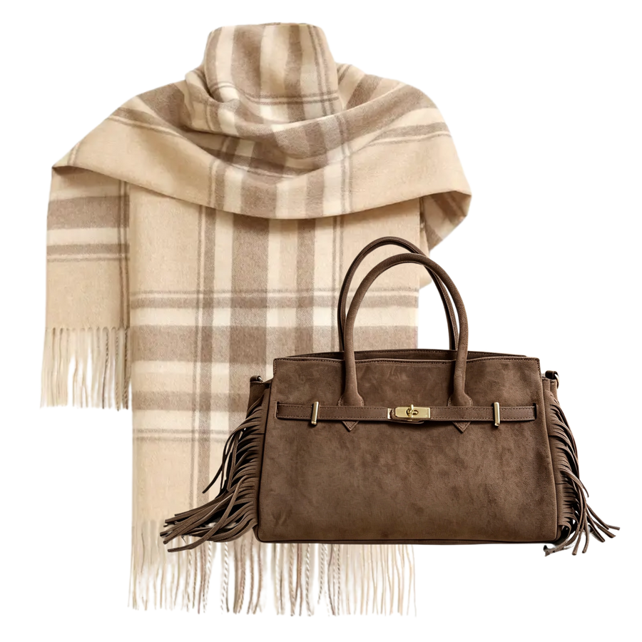 THE BALMORAL | Woman Oatmeal Plaid Cashmere Wrap & Fringe Suede Bag Pairing