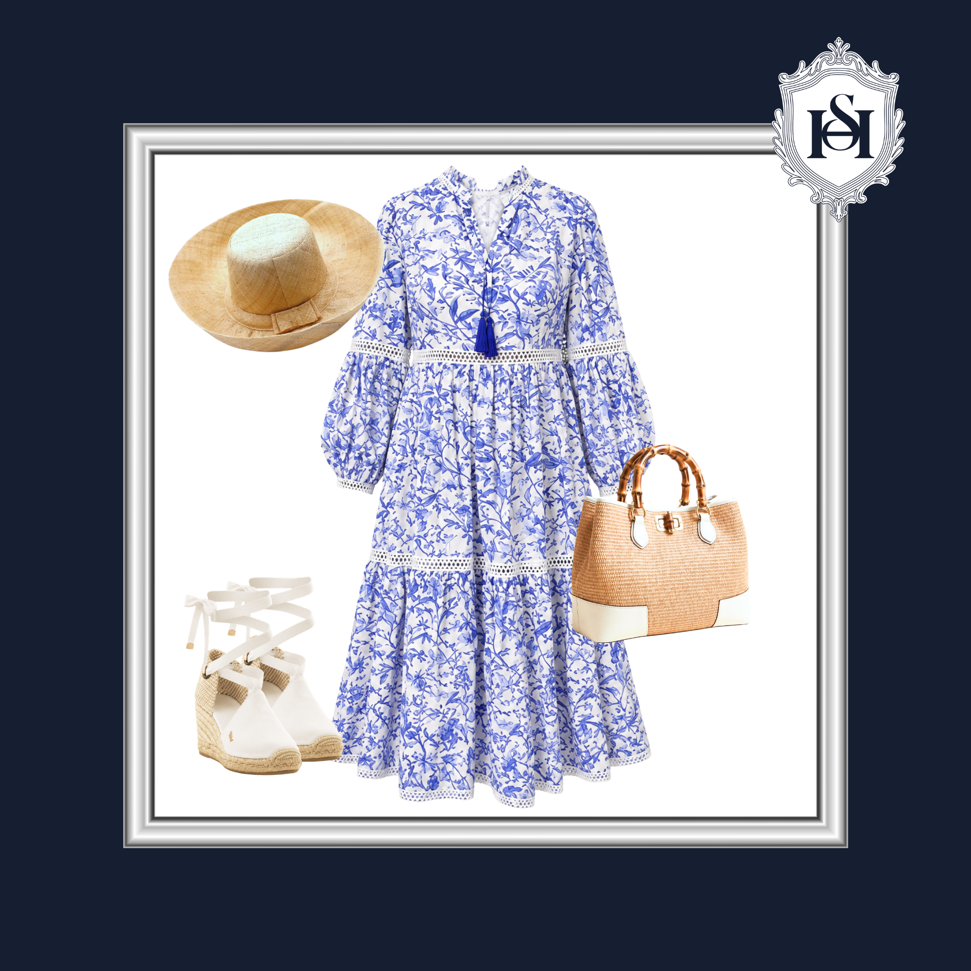 Blue floral dress with white shoes, straw hat, and bag on a white background