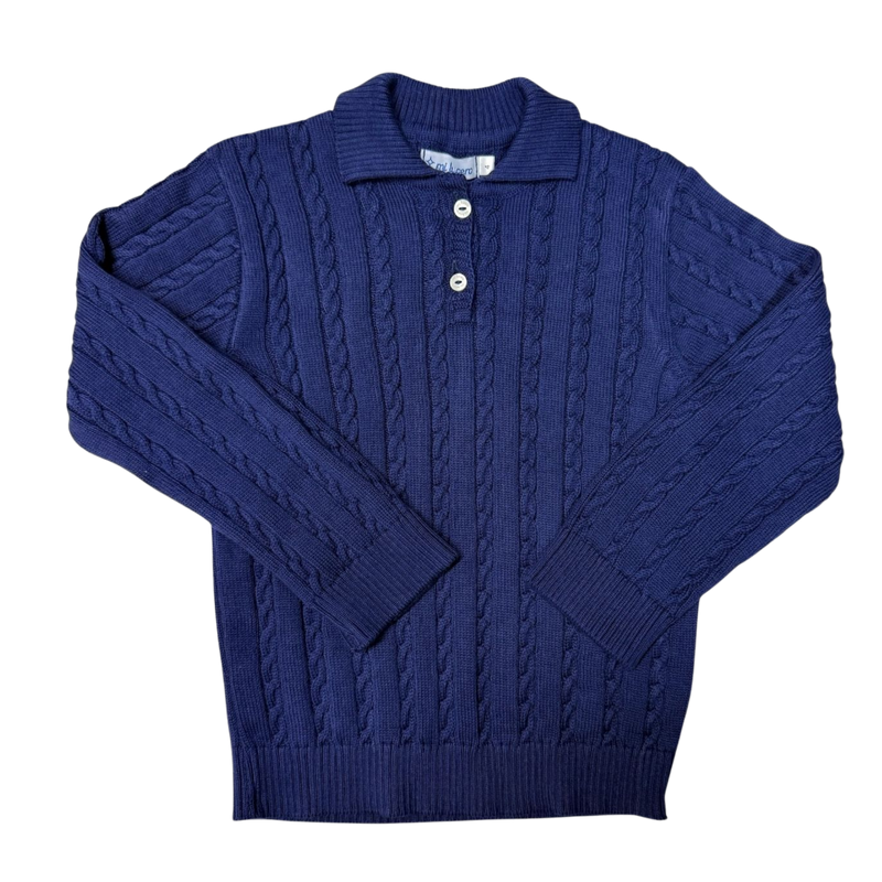 Navy Cable-Knit Polo Sweater