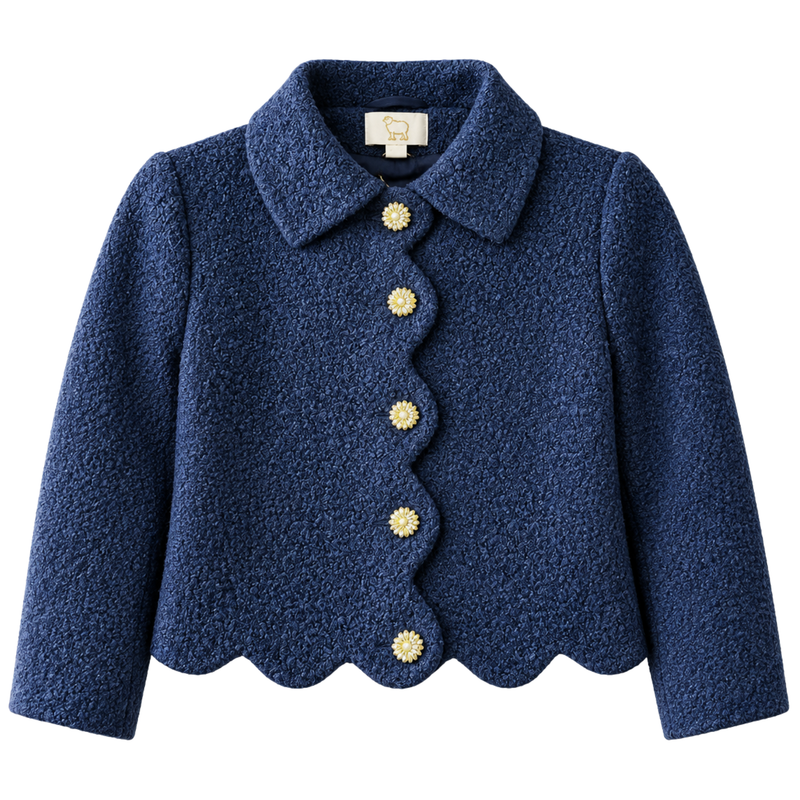 Navy Tweed Scalloped Jacket with Gold Floral Buttons