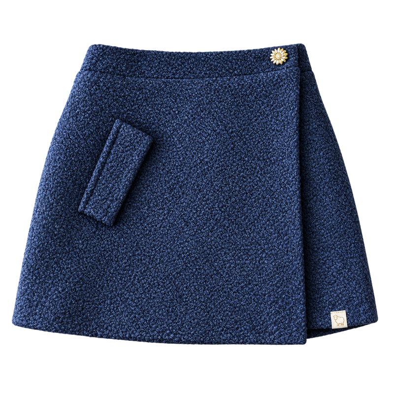 Navy Tweed Wrap Skirt with Gold Floral Button