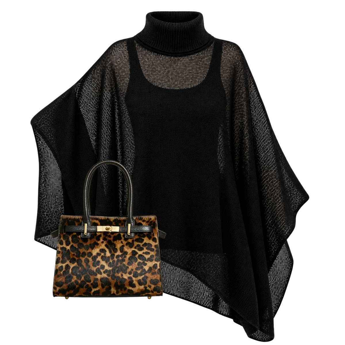THE NOCTURNE | Woman Turtleneck Poncho & Leopard Bag Pairing