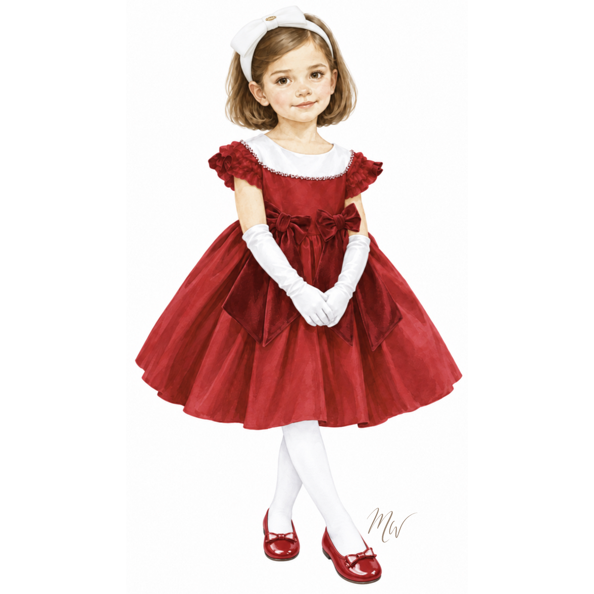 Watercolor illustration of a girl wearing The Noelle red satin Christmas dress with a white bow headband, white gloves, white tights, and red patent flats.