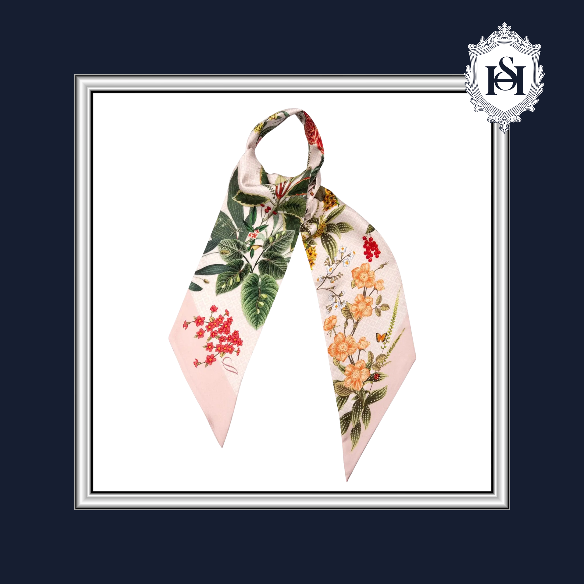 Floral scarf with a brand logo in the corner