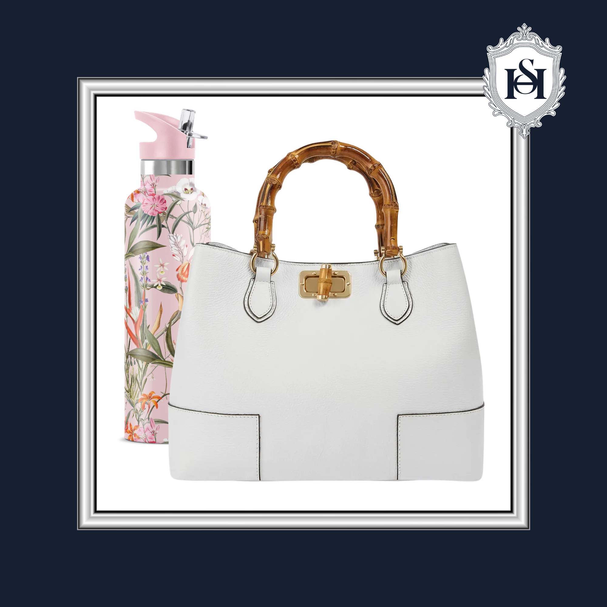 White handbag with wooden handle and floral water bottle on a dark blue background