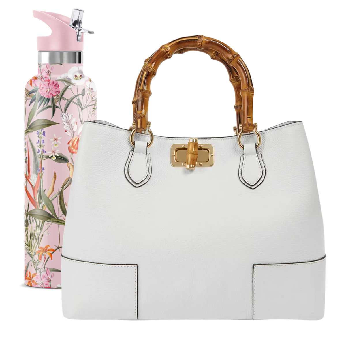 The Printemps Jardin pairing: white pebbled leather bamboo top handle bag with a spring floral bottle