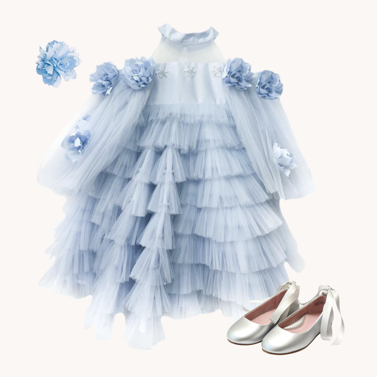 THE PETIT TRIANON | Girl Icy Blue Tulle & Floral Dress Ensemble