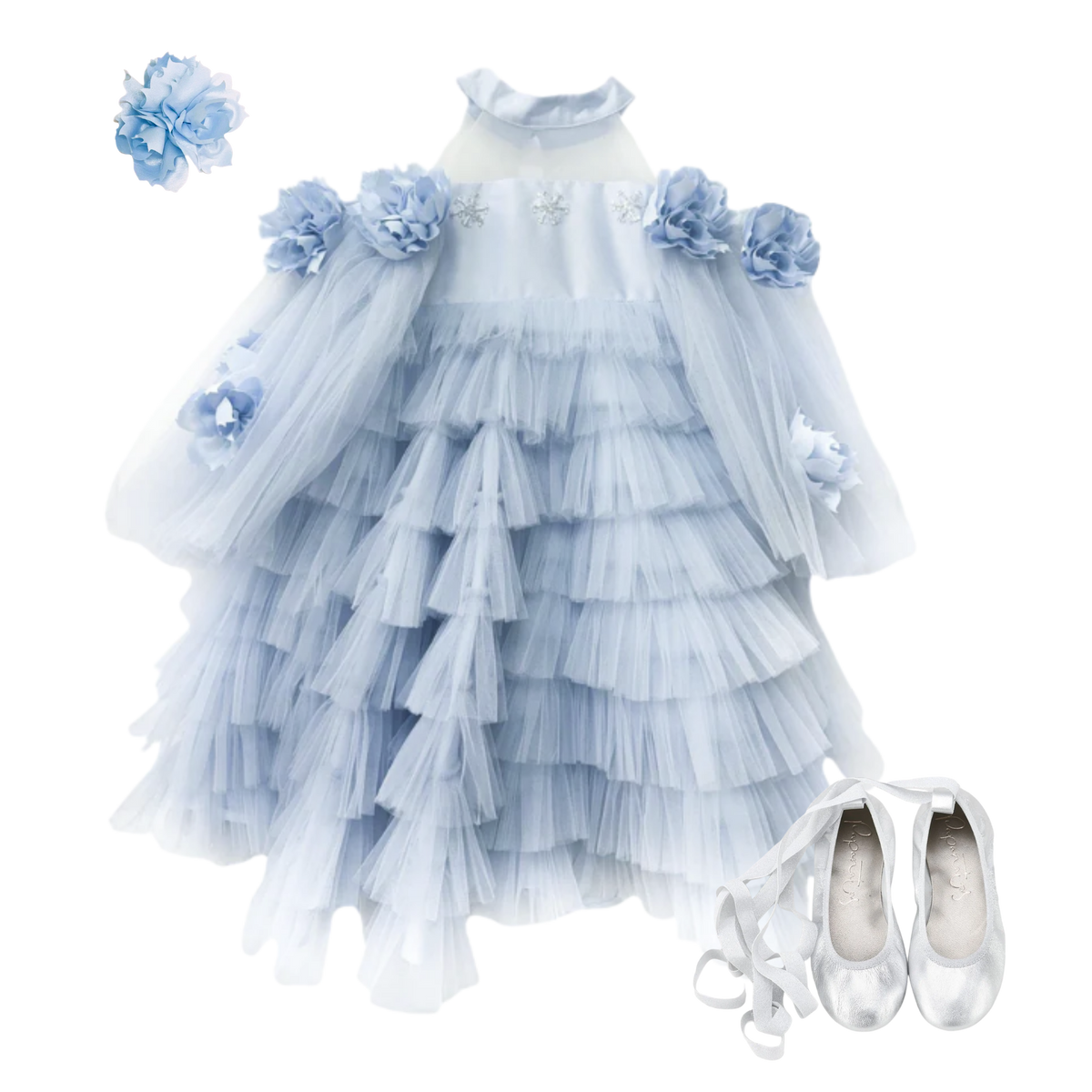 THE PETIT TRIANON | Girl Icy Blue Tulle & Floral Dress Ensemble