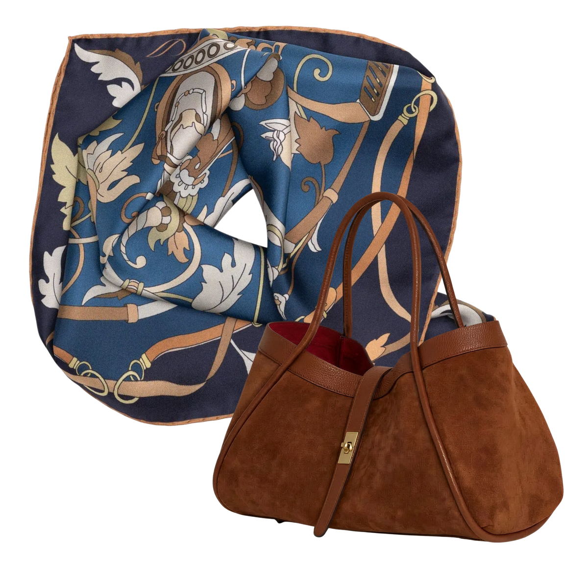 THE PIAZZA DI SIENA | Woman Suede Top Handle Bag & Silk Square Scarf Pairing