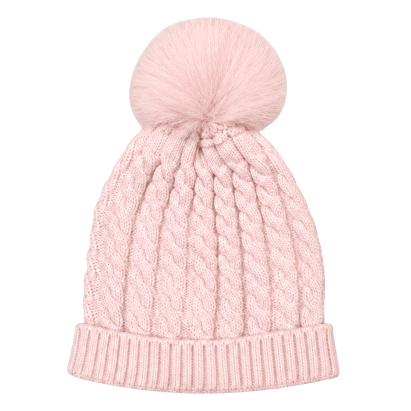 Pink Cotton Cable Knit Toboggan Hat with Pom