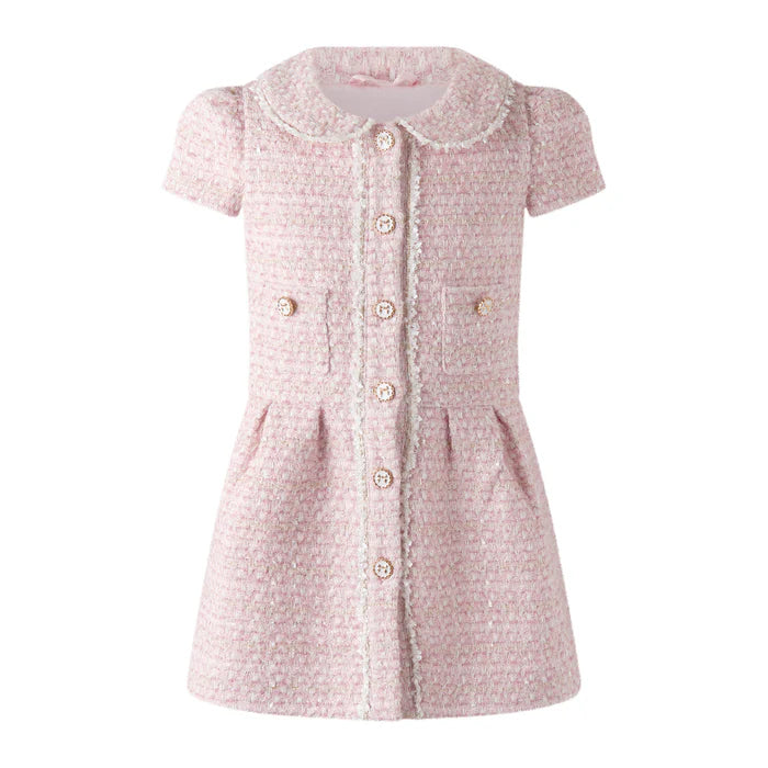 Pink Bow-Button Bouclé Dress