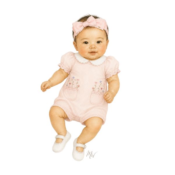 A baby wearing a light pink short-sleeve romper with white ruffled collar, matching pink bow headband, and white Mary Jane shoes, shown against a plain white background.