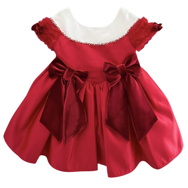 Red Mikado Satin Dress with Velvet Bows