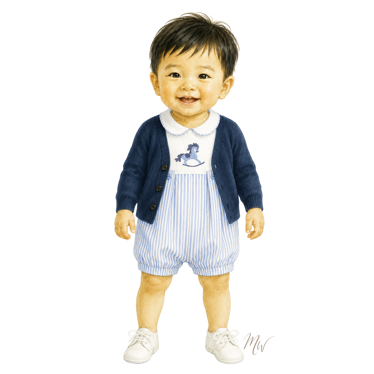 A baby boy wearing a navy blue cardigan over a white and blue striped romper with a blue rocking horse graphic, white collar, and white shoes, shown against a plain white background.