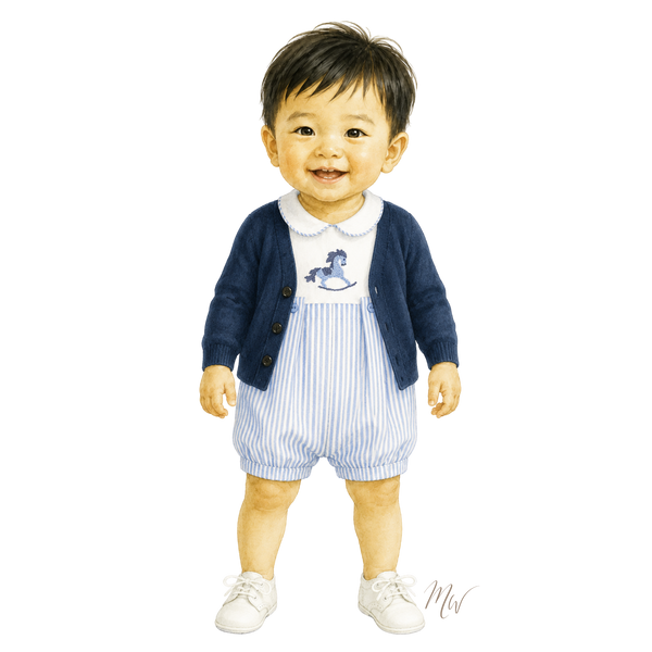 A baby boy wearing a navy blue cardigan over a white and blue striped romper with a blue rocking horse graphic, white collar, and white shoes, shown against a plain white background.
