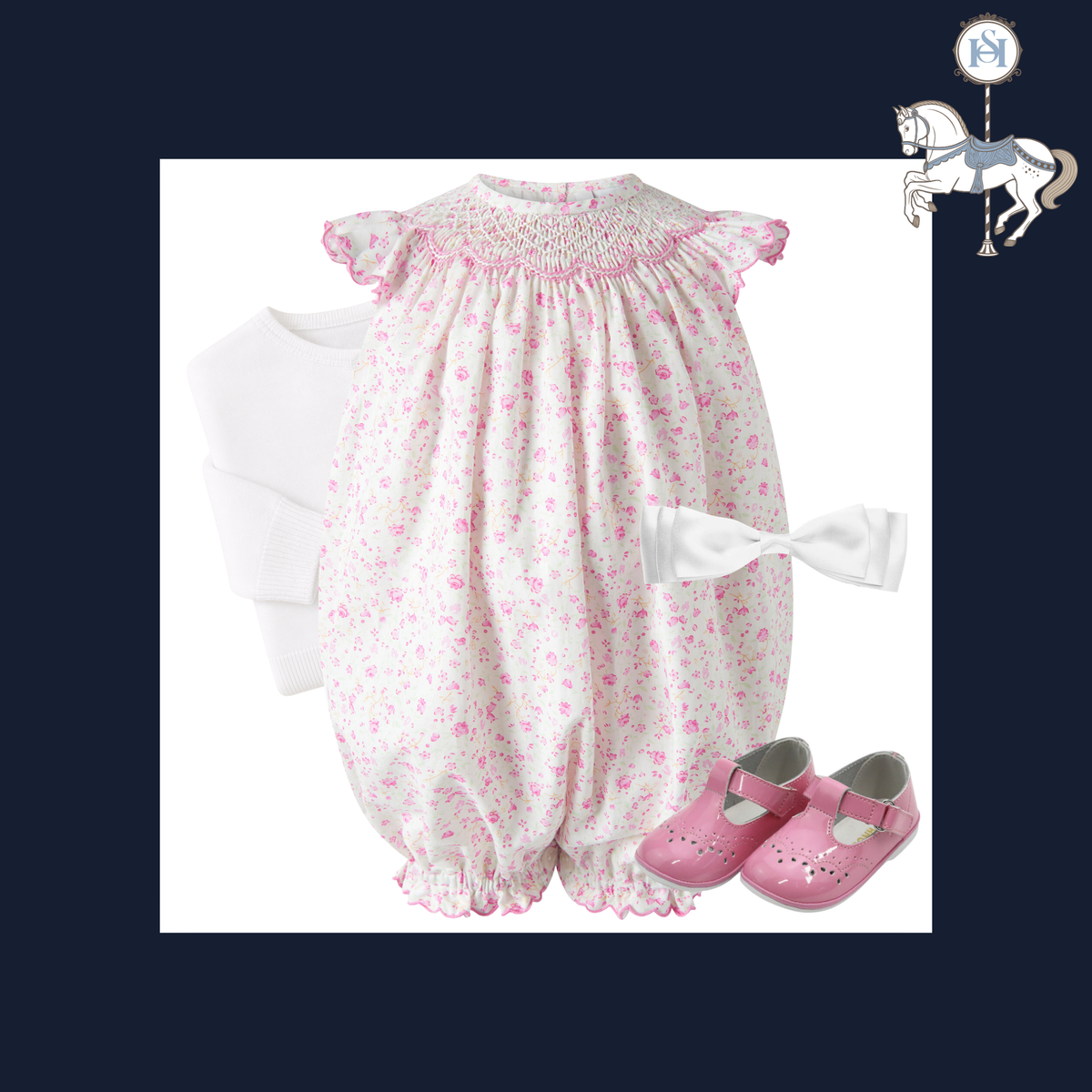 A baby girl's outfit set featuring a white and pink floral smocked romper, a white long-sleeve shirt, a white bow headband, and pink Mary Jane shoes, arranged on a white background with a dark navy border.