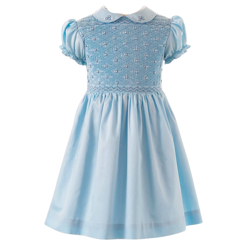 Blue Smocked Dress with Rose Embroidery