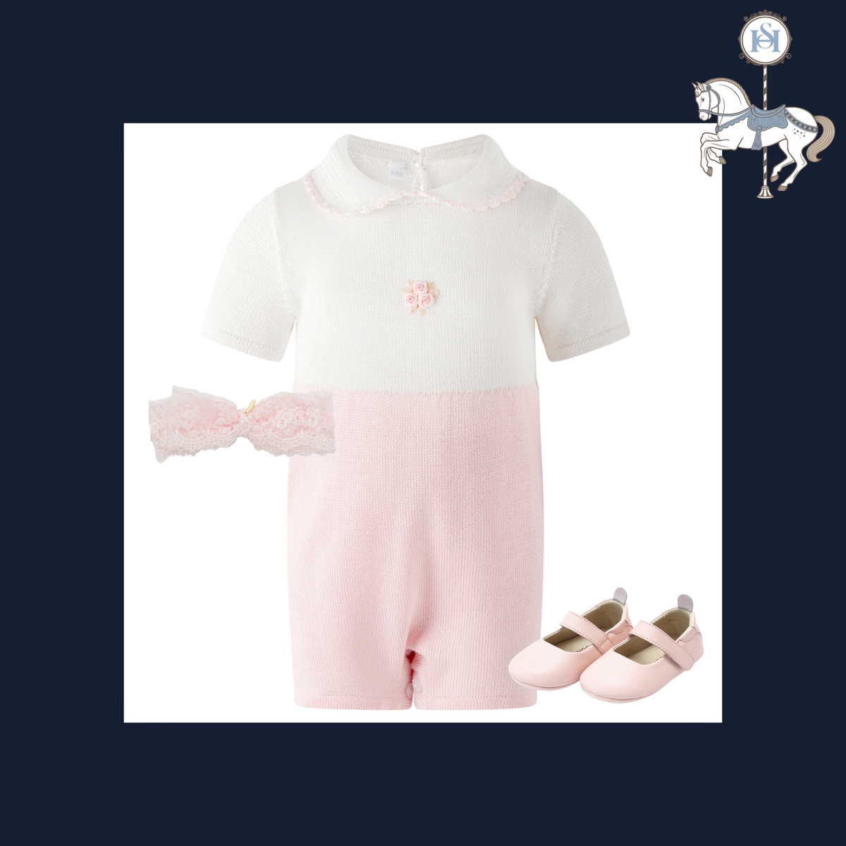 A baby girl's three-piece outfit set featuring a short-sleeve knit romper in white and light pink, a matching pink lace headband, and a pair of light pink Mary Jane shoes, displayed on a white background with a dark navy blue border.