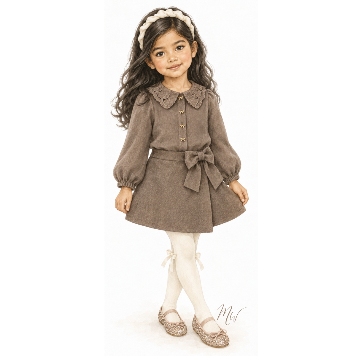 THE SABINE | Girl Brown Blouse & Skirt Ensemble