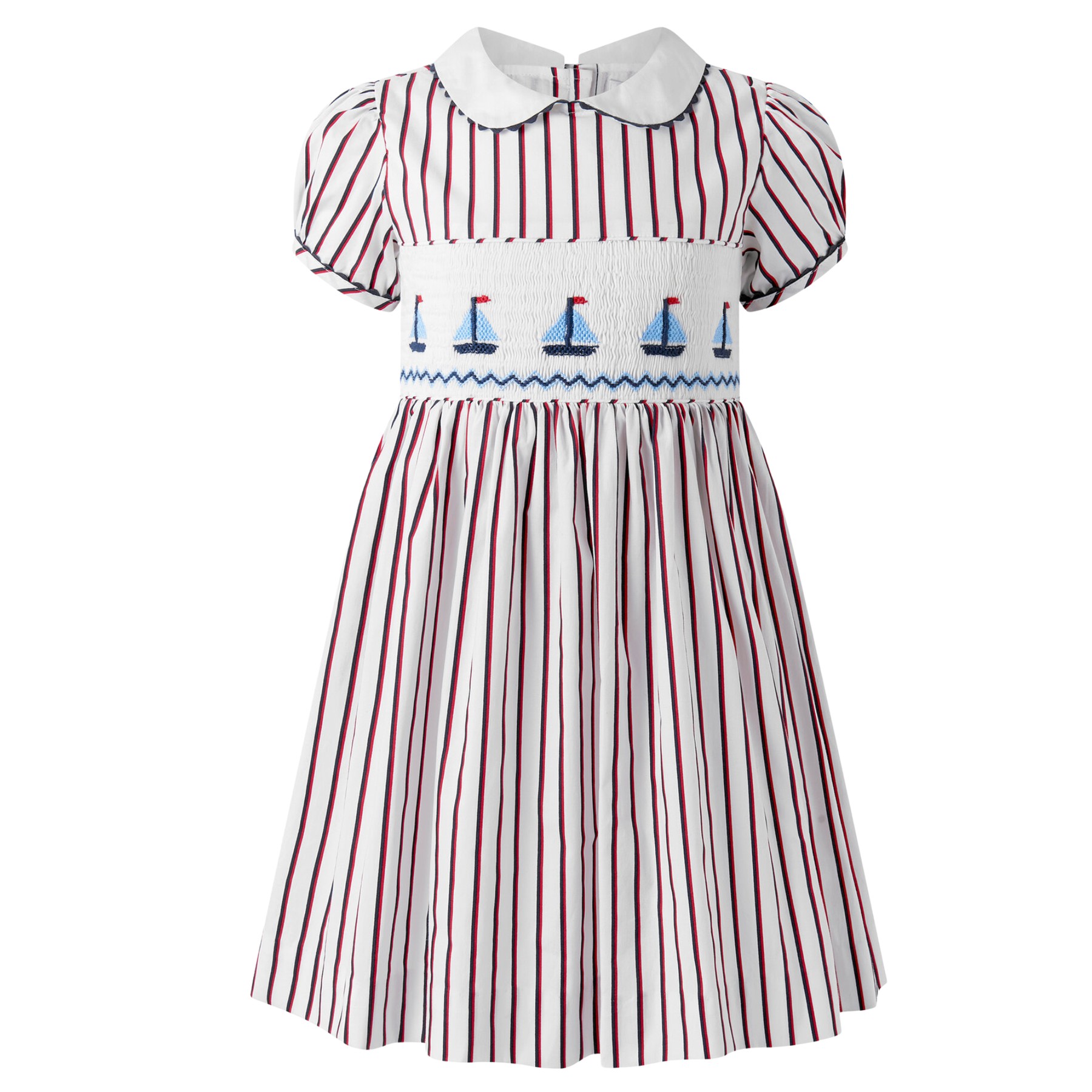 SAILBOAT SMOCKED STRIPE GIRL DRESS | Rachel Riley