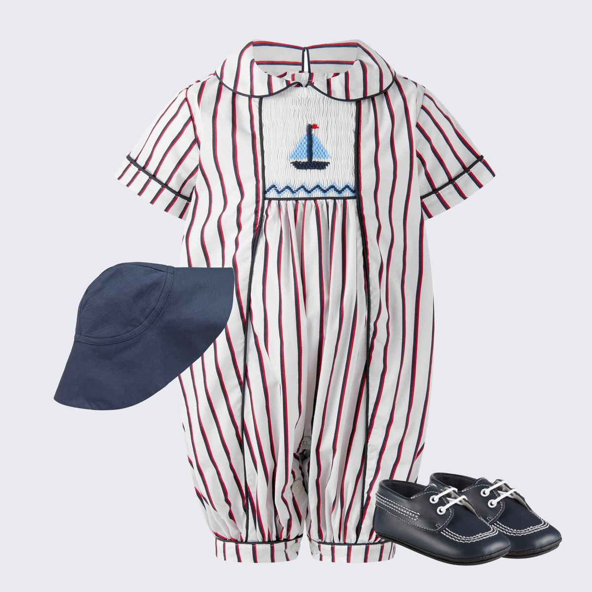 THE SAILING STRIPES | Baby Boy Smocked Romper Ensemble
