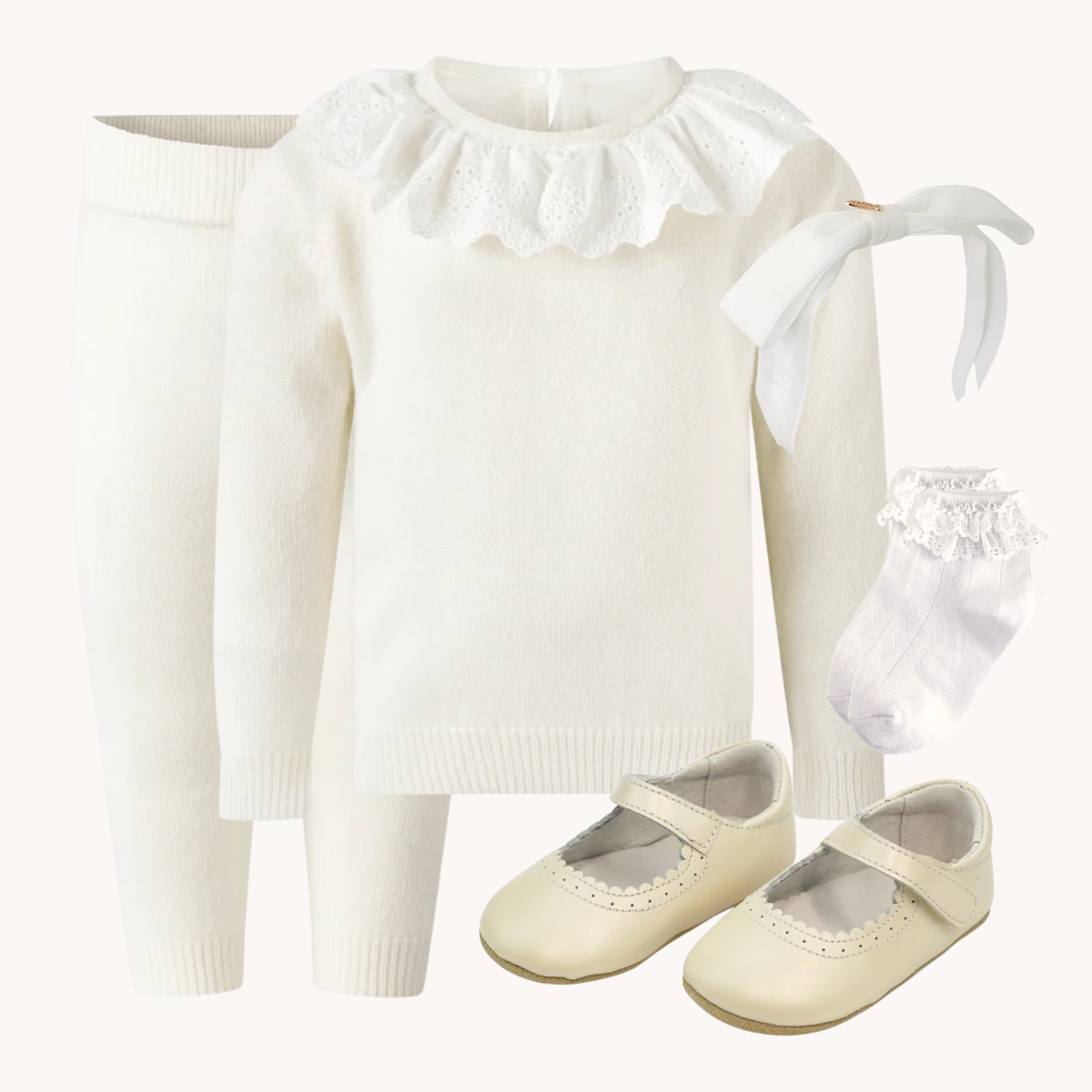 THE SNOWDROP | Baby Girl Cashmere & Broderie Cardigan & Pants Ensemble
