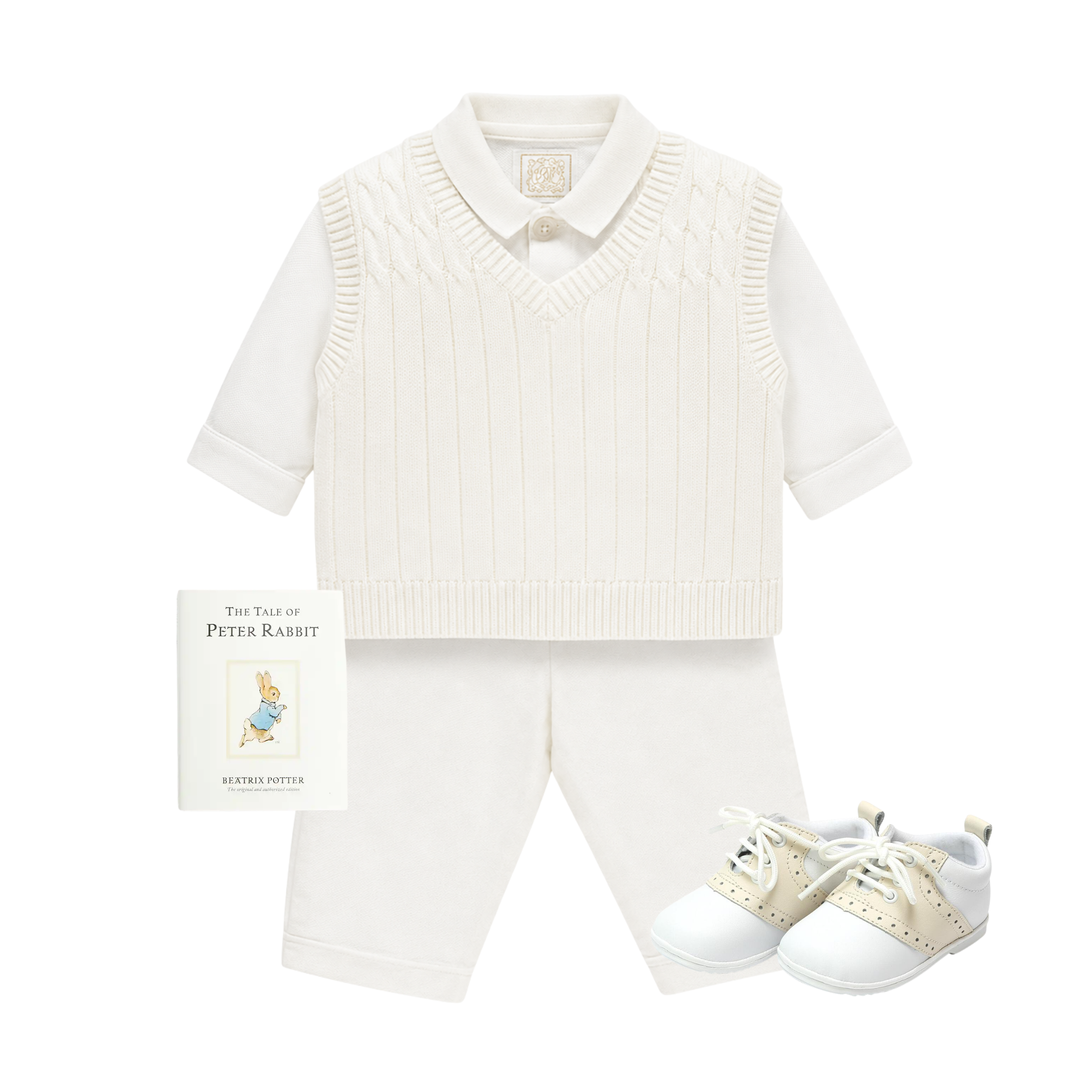 A baby clothing set featuring a short-sleeve knit polo vest, matching knit shorts, and white lace-up shoes, arranged on a white background with a small 'The Tale of Peter Rabbit' book.