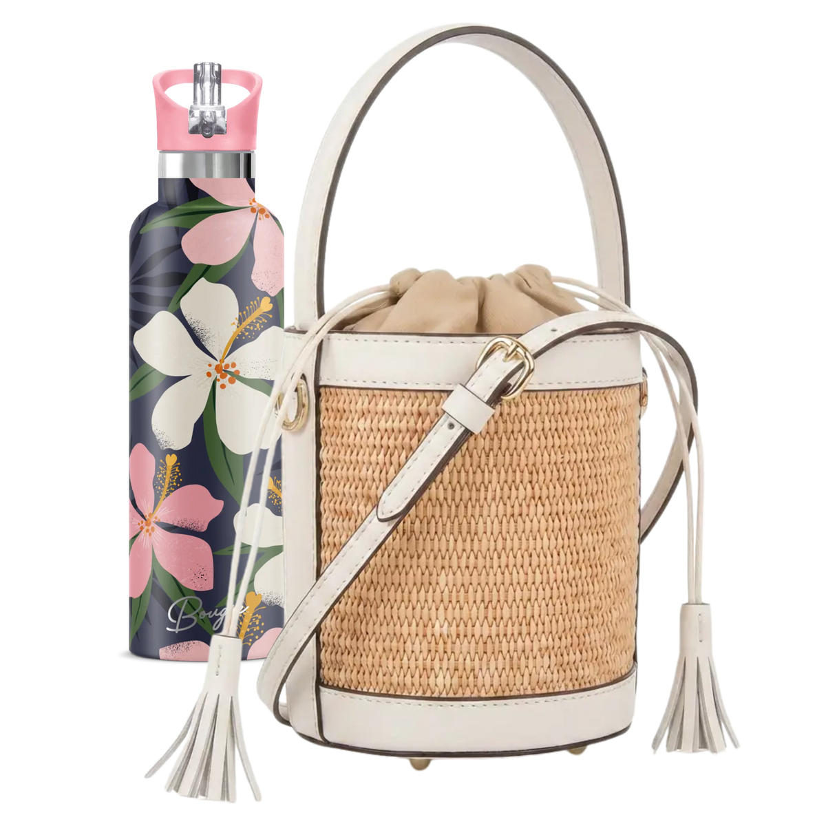 The Hibiscus Lanai pairing: raffia bucket bag trimmed in white leather with a tropical hibiscus bottle