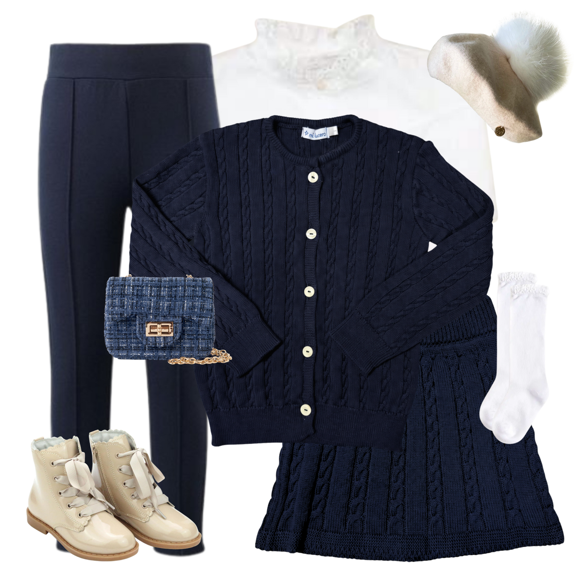 THE CHATEAU BLEU | Girl Navy Cable Knit Cardigan & Skirt Ensemble