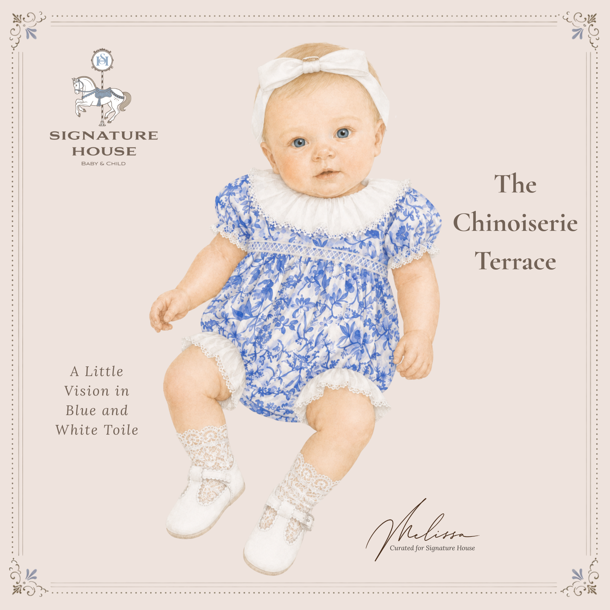 A baby doll or figurine wearing a blue and white floral toile romper with a white ruffled collar, white bow headband, white lace socks, and white shoes, centered on a pale beige background with decorative text and the Signature House logo.