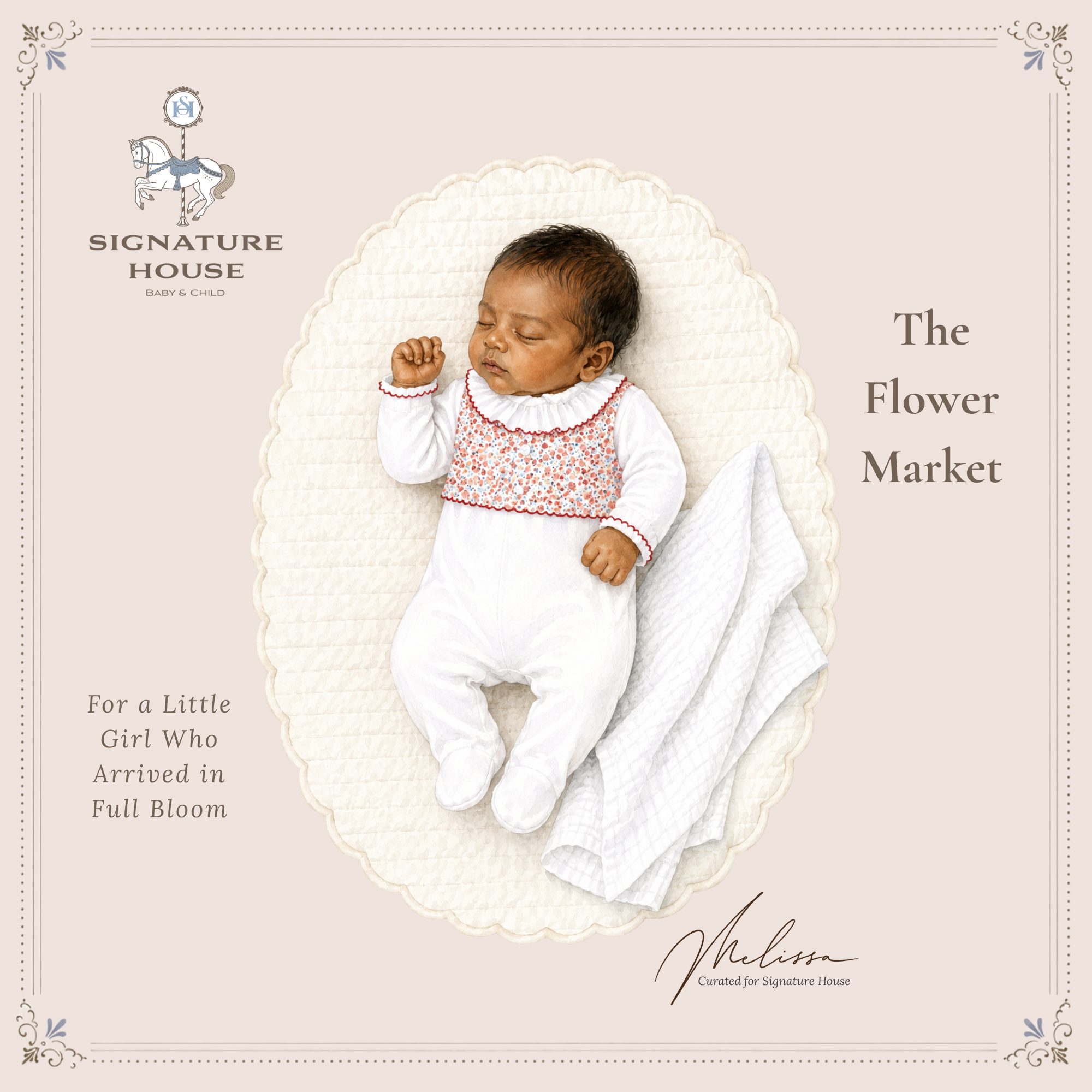 A baby wearing a white footed jumpsuit with a red floral patterned bib, sleeping on a textured cream blanket. The image is presented as a styled product advertisement card with the brand logo 'Signature House' and the text 'The Flower Market'.