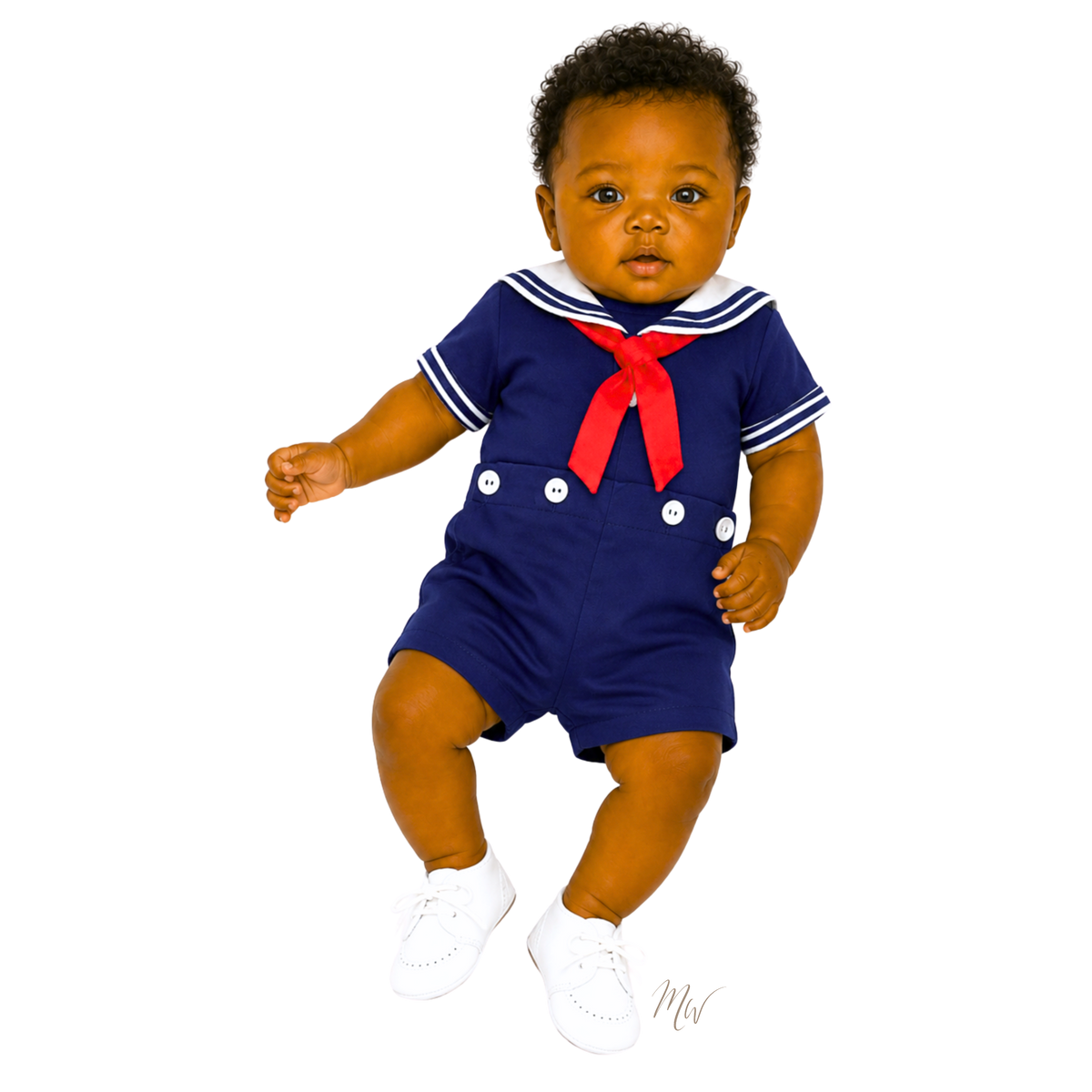 A baby wearing a navy blue sailor-themed romper with white trim, a red bow tie, and white buttons, paired with white shoes, set against a plain white background.