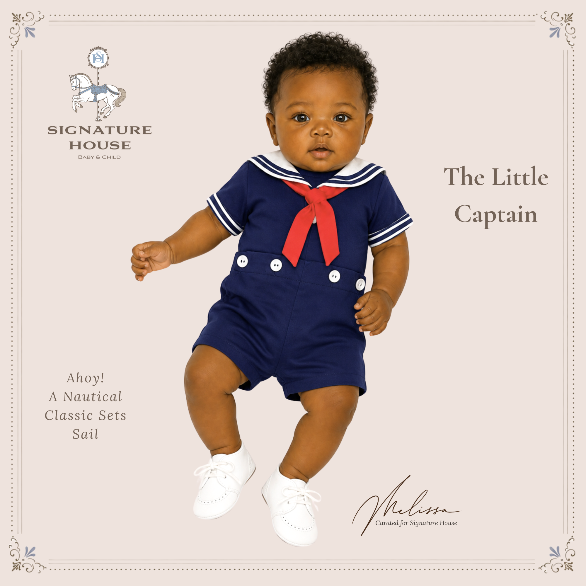 A baby wearing a navy blue sailor-themed romper with white buttons, white shoes, and a red neck bow, posed against a light beige background with decorative text and the Signature House branding.