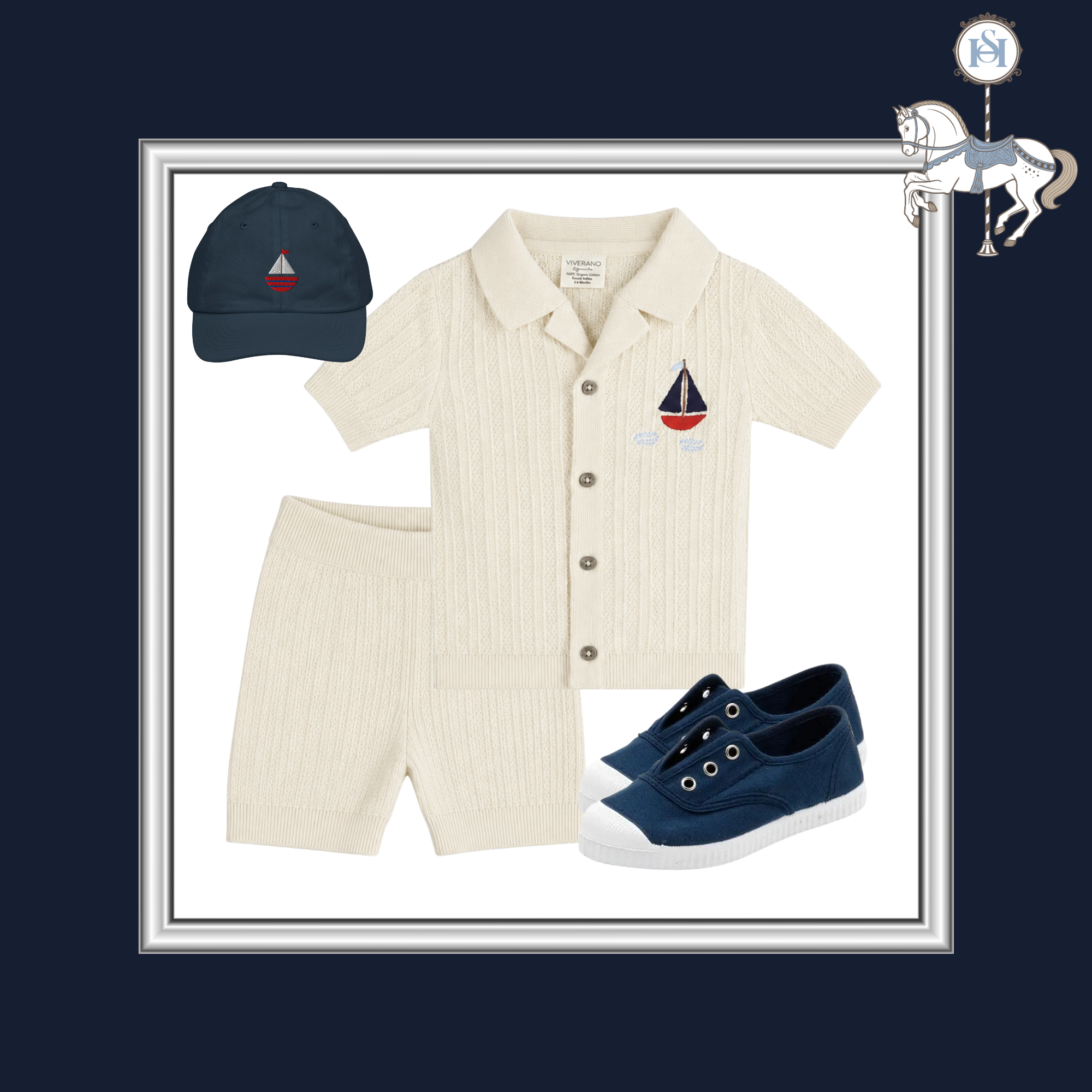 A baby boy's three-piece nautical-themed outfit set, including a cream-colored short-sleeve button-up shirt, matching shorts, a navy blue baseball cap, and navy blue canvas sneakers with white soles, arranged on a white background with a dark navy blue border.