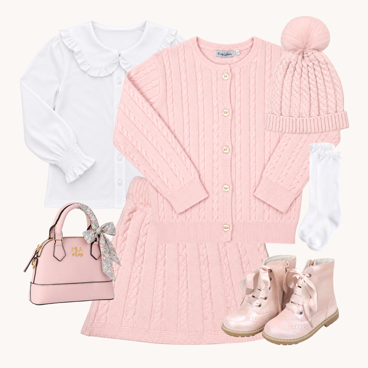 THE MARGOT | Girl Pink Cable Knit Cardigan & Skirt Ensemble
