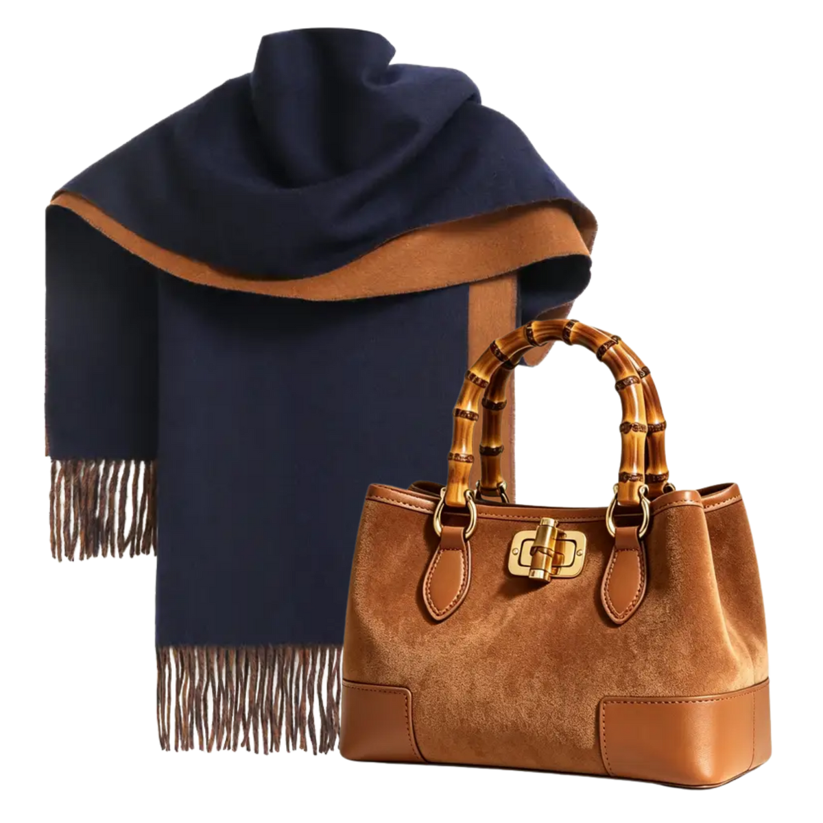 THE MONTREUX | Woman Reversible Cashmere Wrap & Suede Bamboo Bag Pairing